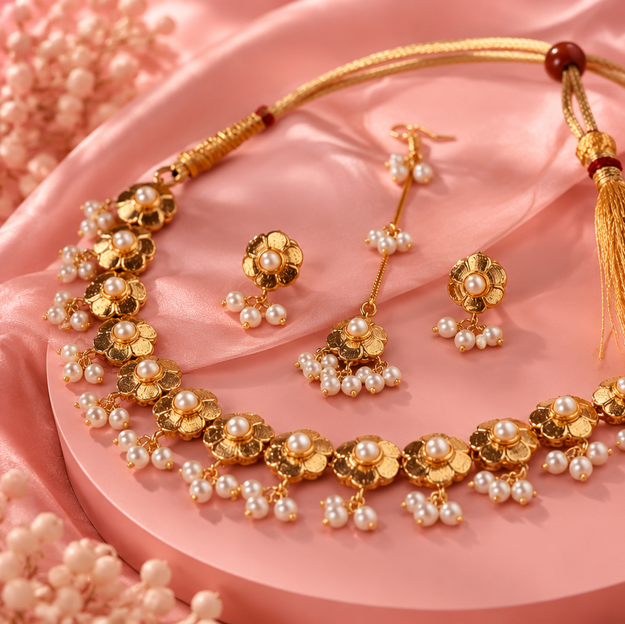 Gul-e-Mahar floral gold pearl bridal necklace