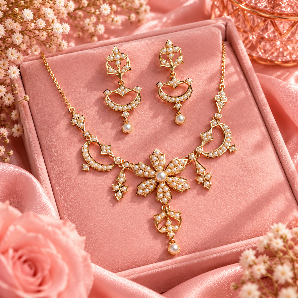 Roselle pearl floral necklace and earrings set