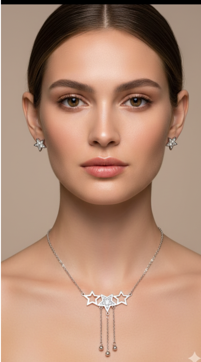 Woman wearing a necklace and earrings with a neutral background