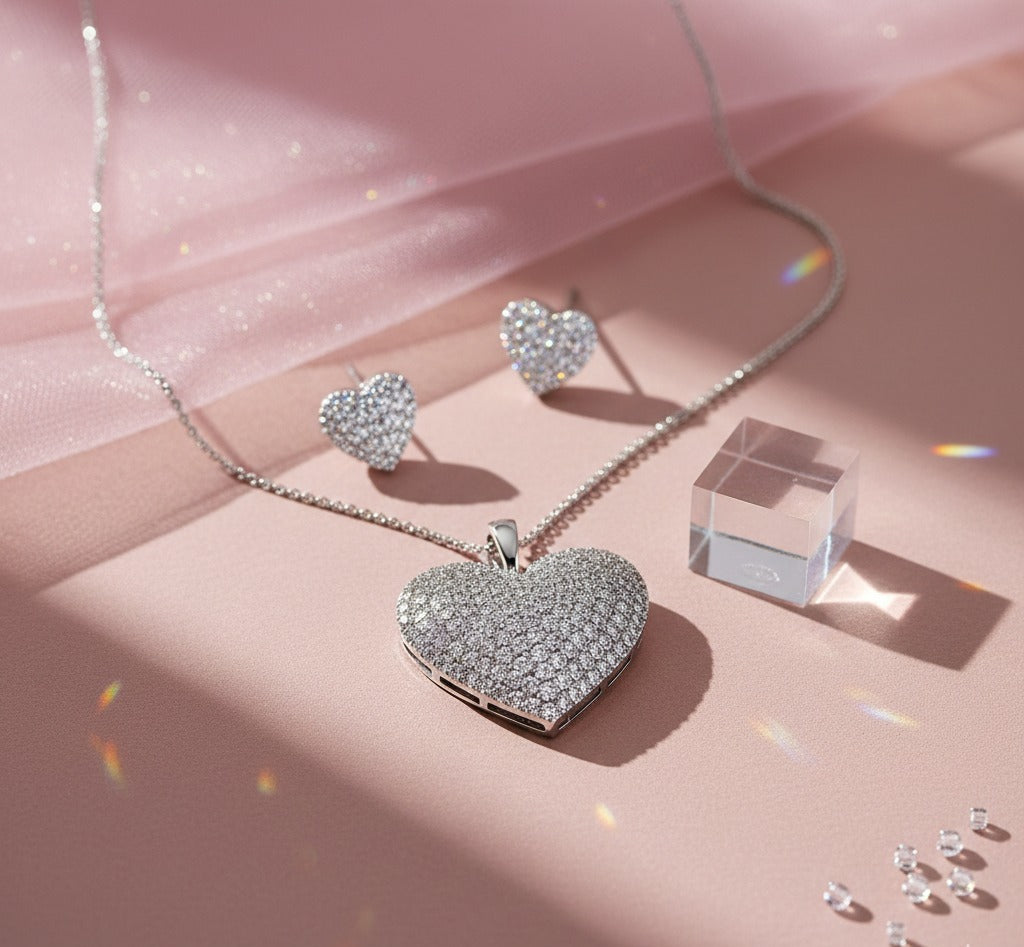 Heart-shaped silver necklace and earrings on a pink surface with scattered diamonds.