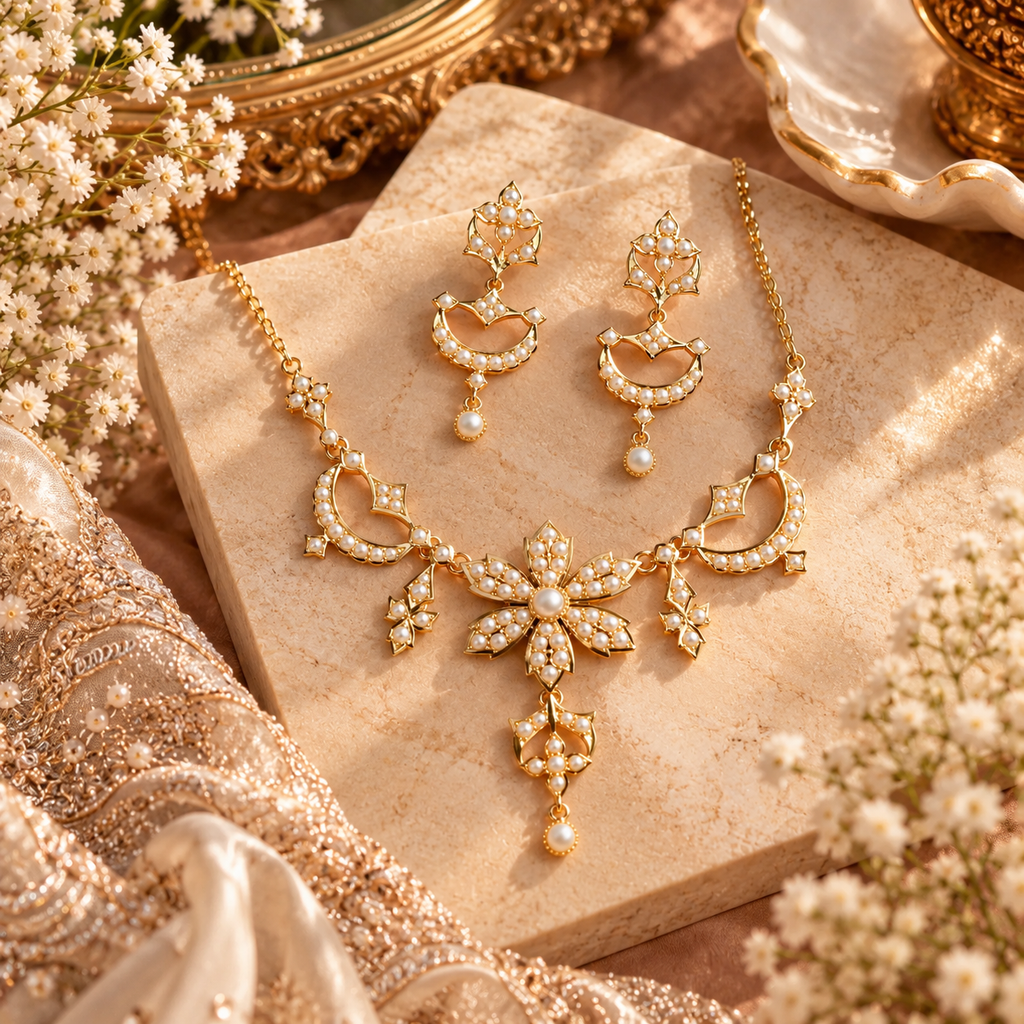 Roselle pearl floral jewelry set for Brown women