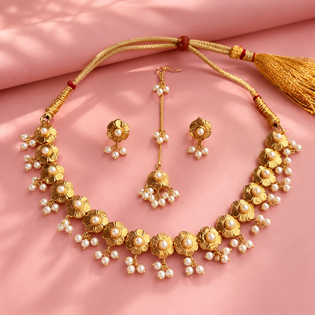 Gold-toned traditional jewelry set with a necklace, earrings, and a dangling charm, decorated with floral motifs and small white pearl-like beads, arranged on a pink fabric background.