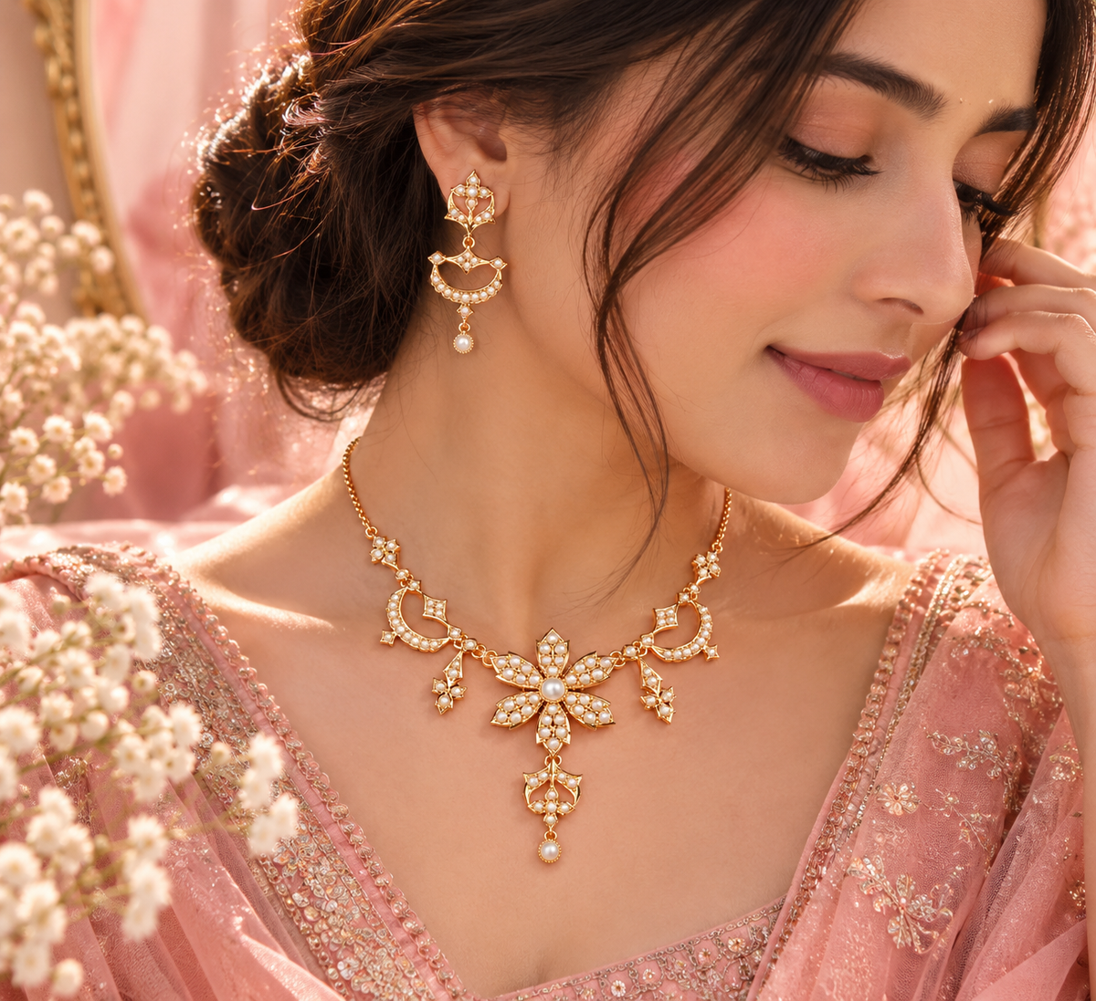 Roselle pearl floral jewelry set worn by woman